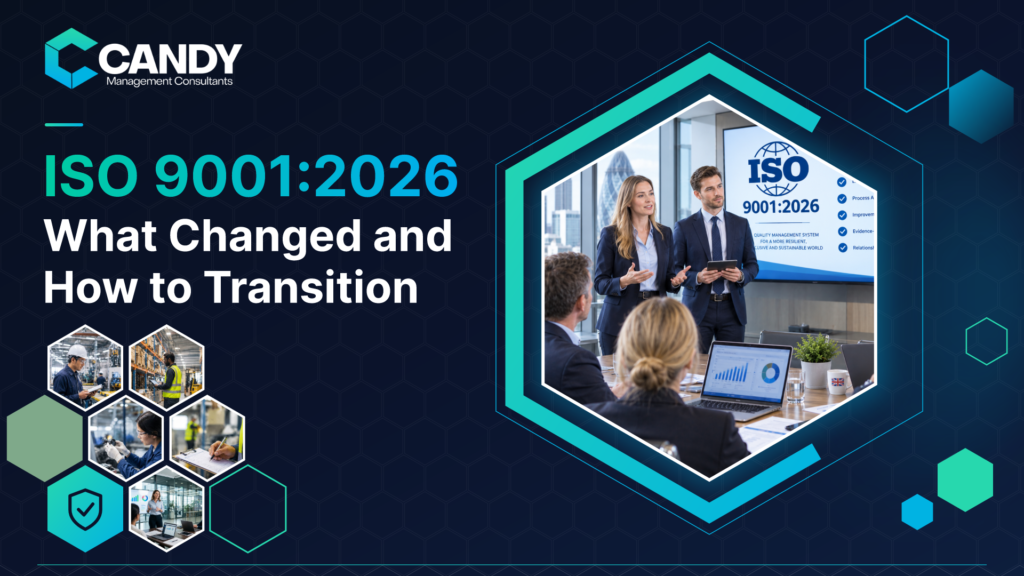 Candy Management Consultants blog header reading “ISO 9001:2026 What Changed and How to Transition,” showing two consultants presenting an ISO 9001:2026 checklist to a team in a meeting room, with hexagon photos of manufacturing, warehouse, lab and office workers.